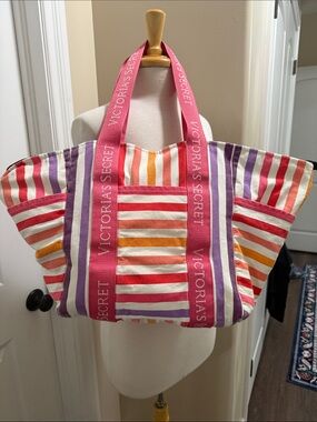 Victoria's Secret Pink and Multi-Striped Canvas Tote